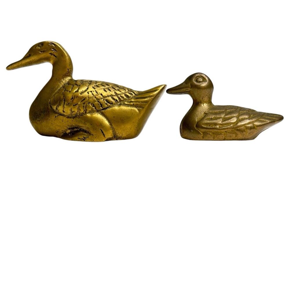 Vintage Set of 2 Mid-Century Solid Brass Miniature Mallard Duck Figurines